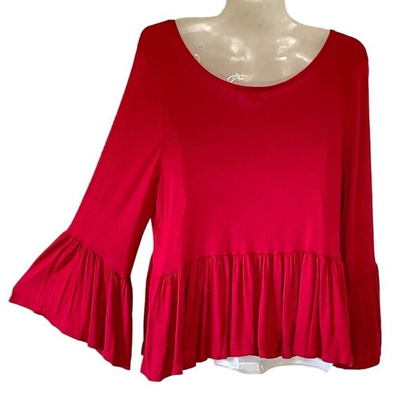 Cacia Red Boxy Crop Top with Scoop Neck Ruffled Bell Sleeve and Peplum Hem  Med - Picture 5 of 8